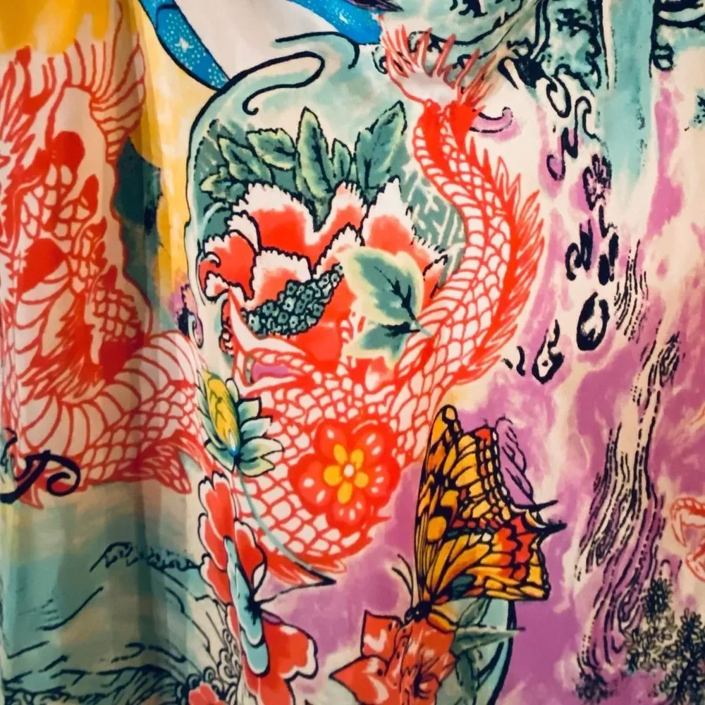 NATORI Iconic vintage GORGEOUS bias satin slip dress nightgown Geisha dragon S